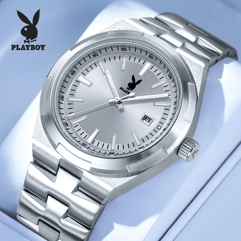 PLAYBOY ผู้ชาย นาฬิกา ควอตซ์ สายสเตนเลส อเนกประสงค์ วันที่ แสงกลางคืน พักผ่อน แฟชั่น 3112