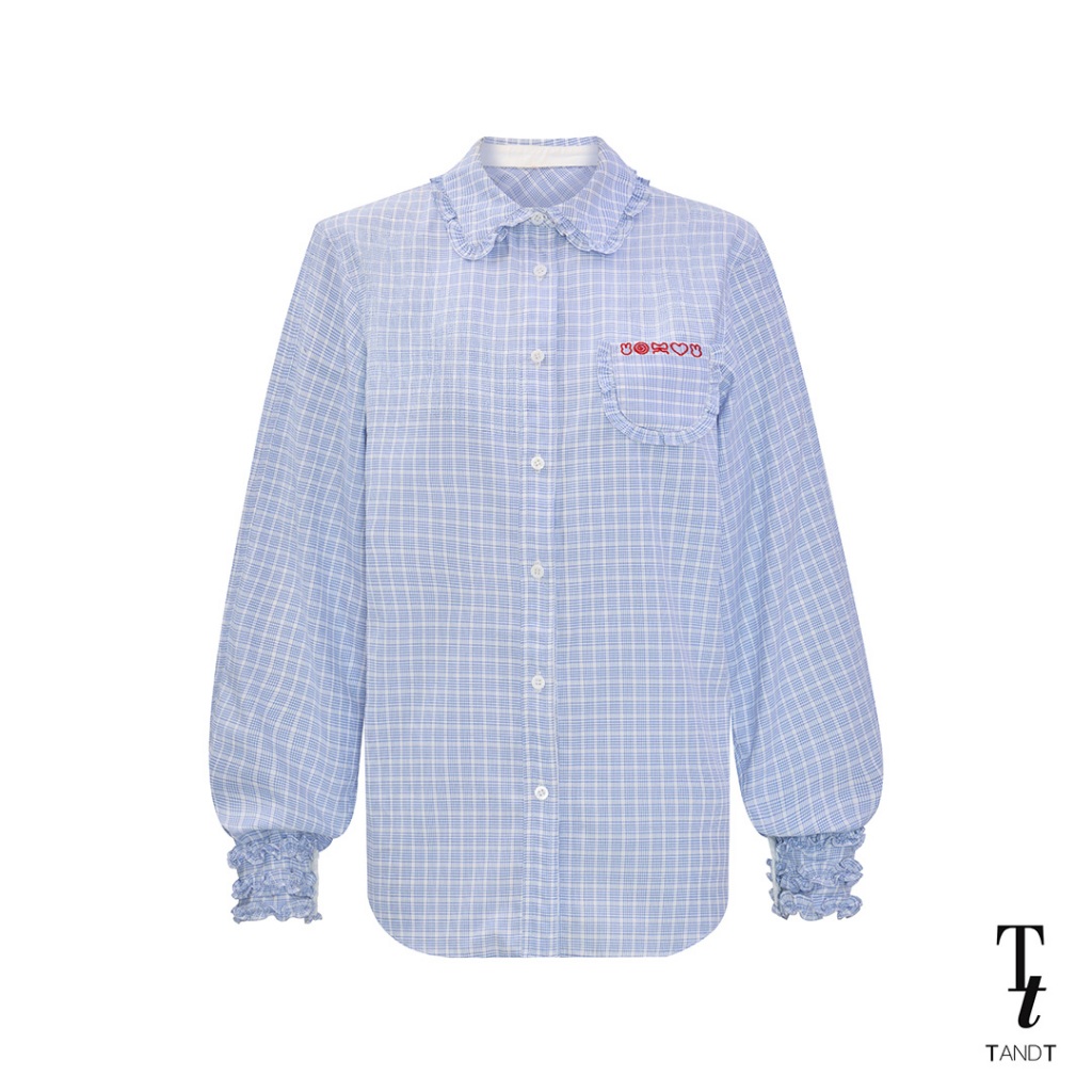 TandT - CHARLOTTE SHIRT - EMBROIDERED SYMBOL RUFFLE TRIMMED LONG SLEEVES SHIRT เสื้อเชิ๊ตแขนยาว ตกแต่งระบายที่ขอบแขนและล