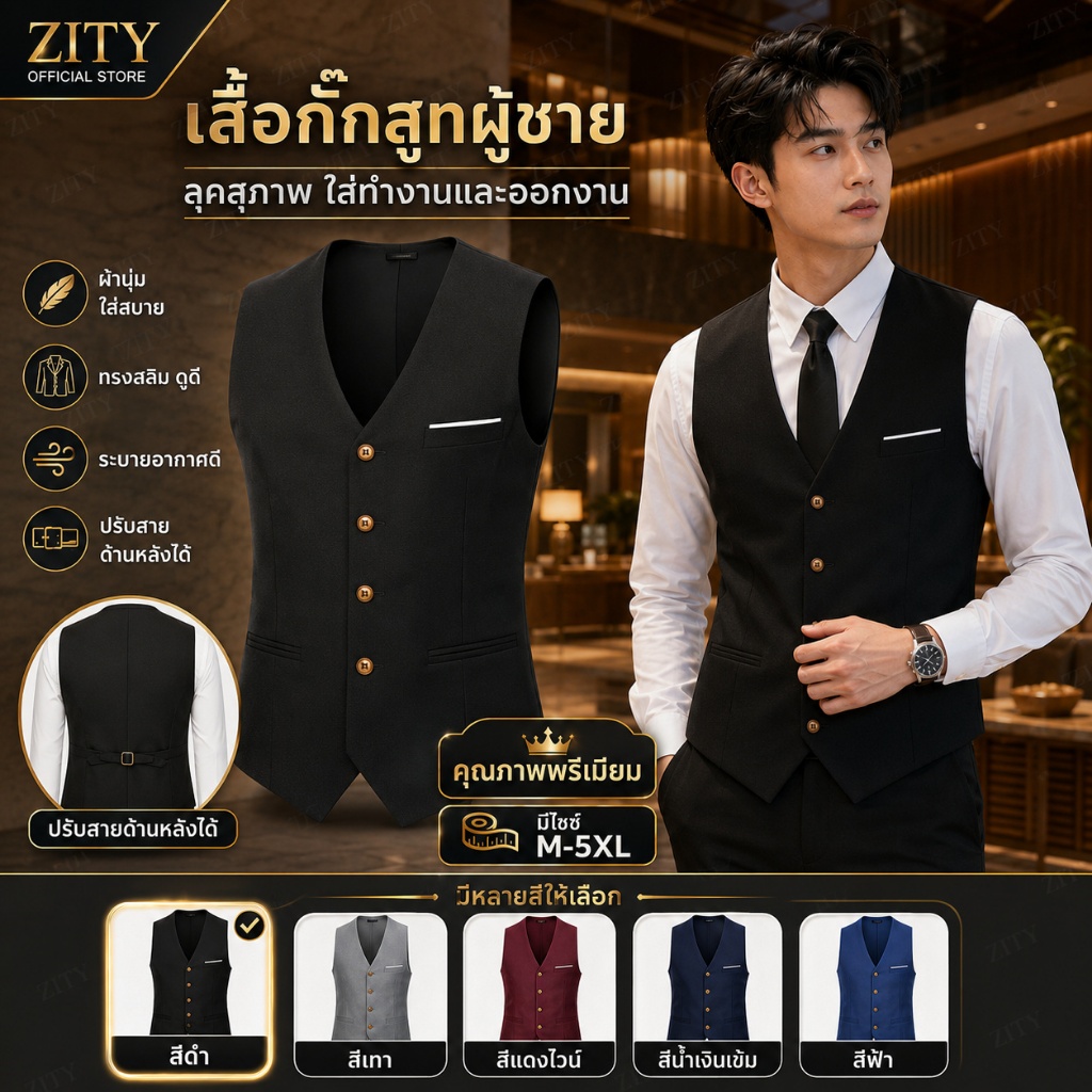 ZITY เสื้อกั๊กผู้ชายสำหรับงานแต่งงานสุดหรู เสื้อกั๊กสูทธุรกิจแบบคลาสสิก ทรงเข้ารูป คุณภาพเยี่ยม