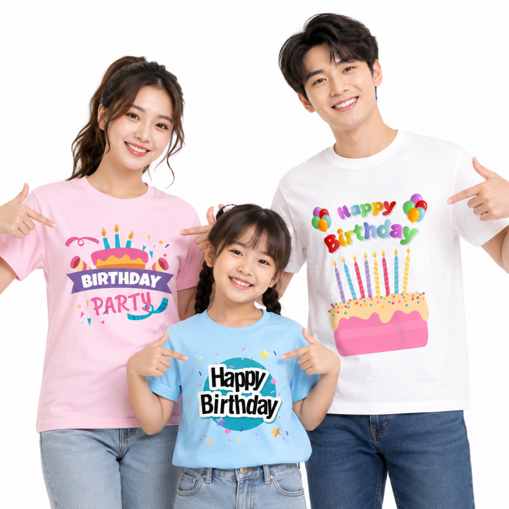 เสื้อวันเกิด ลาย Happy Birthday เค้ก ลูกโป่ง สีขาว ปาตี้วันเกิด ฟ้า ชมพู เนื้อผ้านุ่ม ใส่สบาย