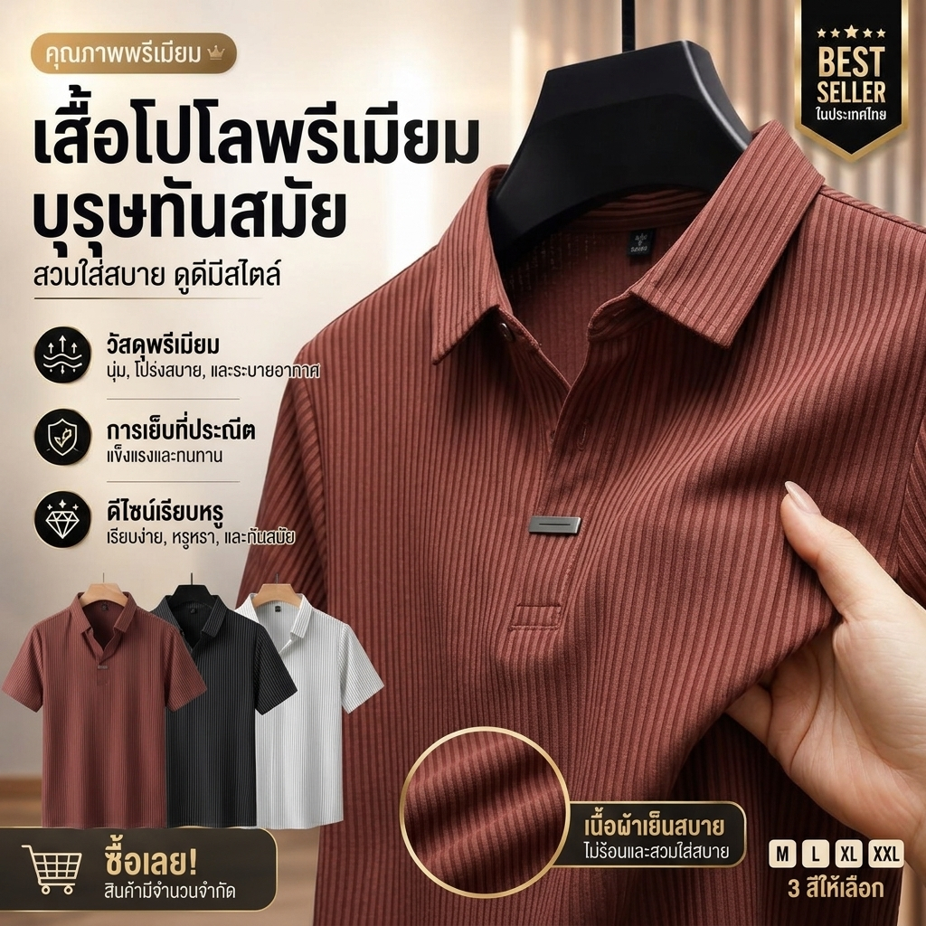 เสื้อโปโลแขนสั้นทรงหลวมลายทางสำหรับผู้ชาย สไตล์เกาหลี เหมาะสำหรับใส่ทำงาน มีให้เลือก 3 สี คือ แดง น้ำตาล ดำ และขาว