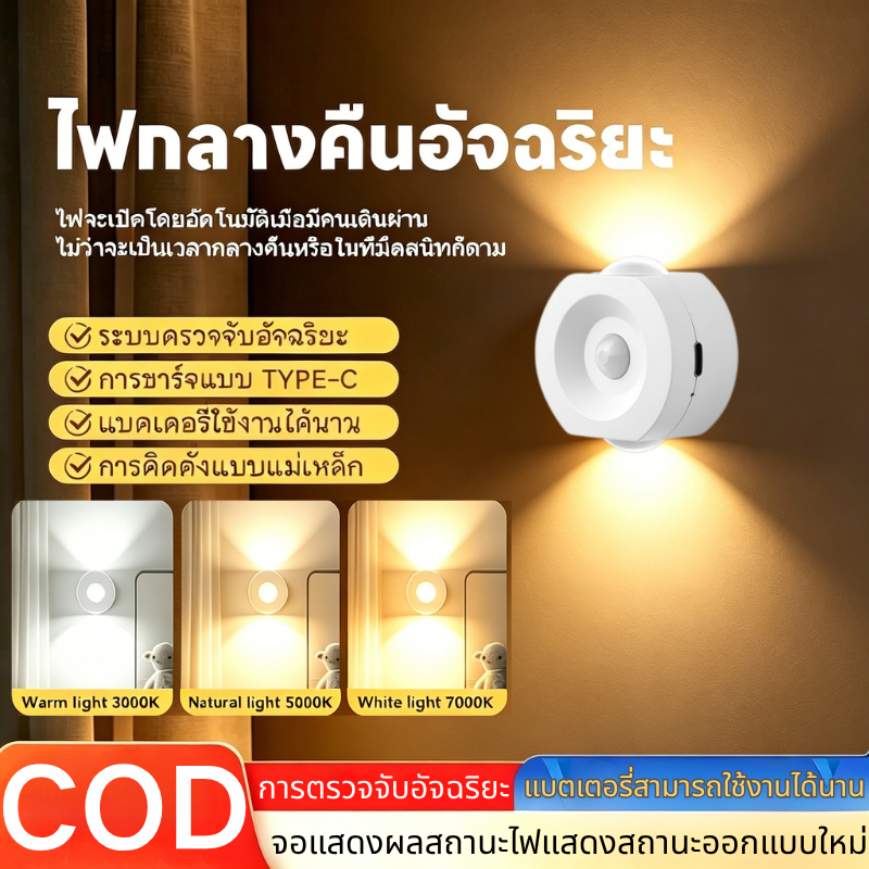 ไฟกลางคืนเซ็นเซอร์ตรวจจับความเคลื่อนไหว โคมไฟติดผนังแบบชาร์จไฟผ่าน USB