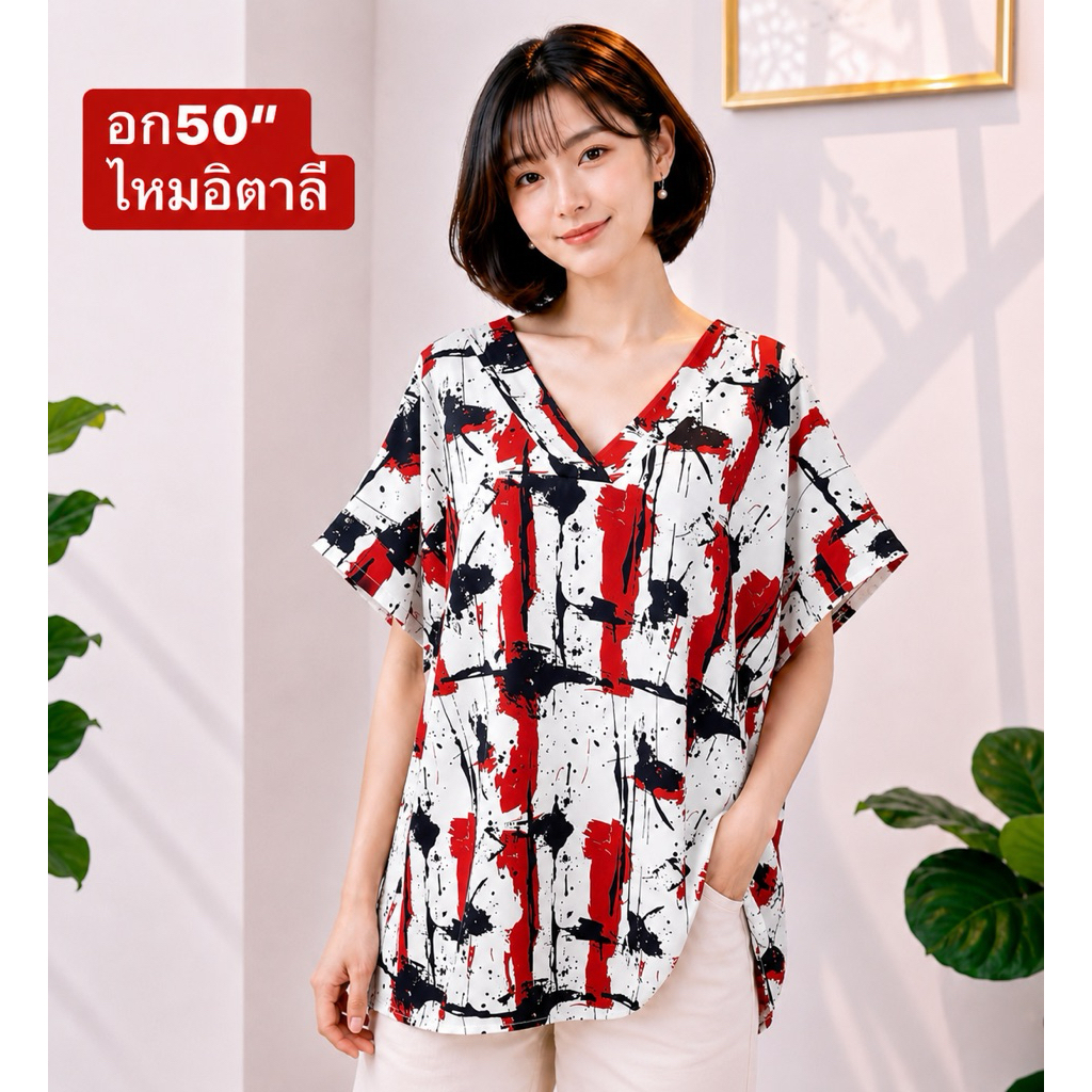 อก50“ คอวี เสื้อผ้าสาวอวบ ไซส์ใหญ่ ผ้าไหมอิตาลีและสปัน