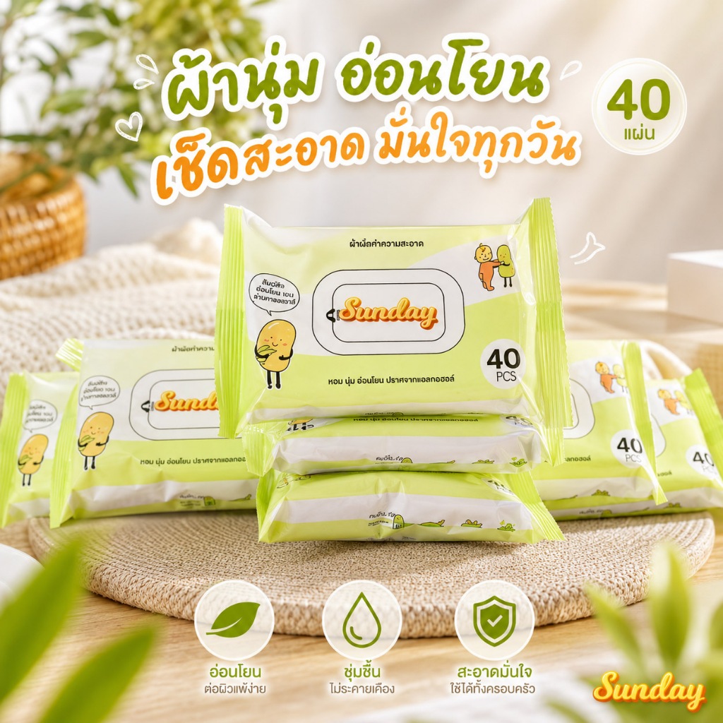 ทิชชูเปียก 1ห่อ 40 แผ่น กระดาษทิชชู่ ปราศจากแอลกอฮอล์ ทิชชู่เปียกพกพา เเผ่นใหญ่ เช็ดสะอาดทั่วถึง พกพาสะดวก