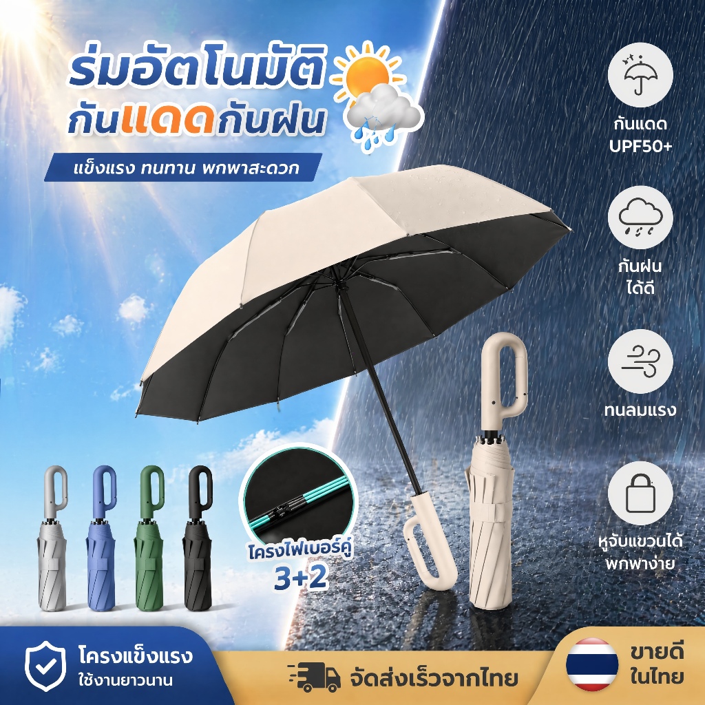 ร่มกันแดดกันฝน ร่มพับอัตโนมัติ ด้ามแขวน โครงไฟเบอร์คู่ 3+2 กันลมแรง กันยูวี UPF50+ พับเก็บง่าย พกพาสะดวก ร่มแฟชั่น