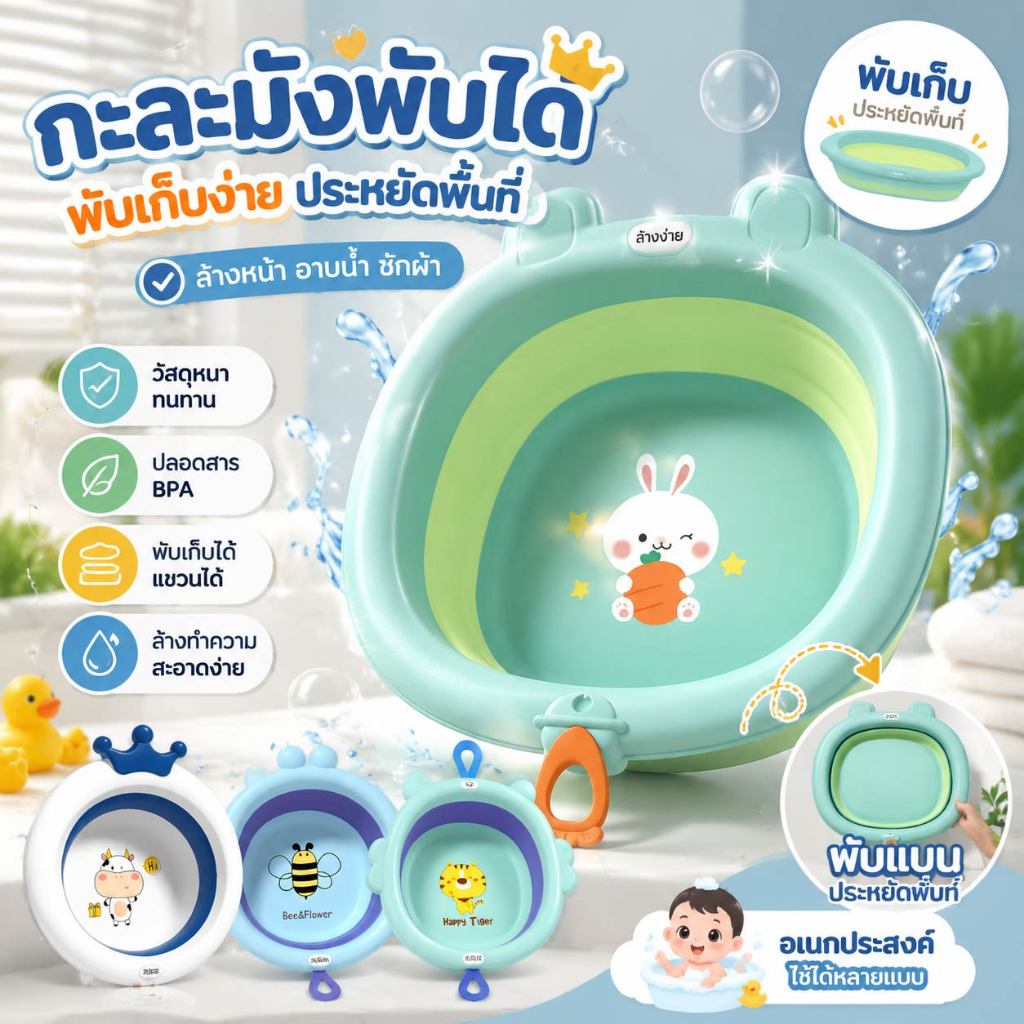 COD กะละมังพับได้ กะละมังเด็ก กะละมังอเนกประสงค์  ใช้สำหรับล้างหน้า มือเท้า ลายน่ารัก