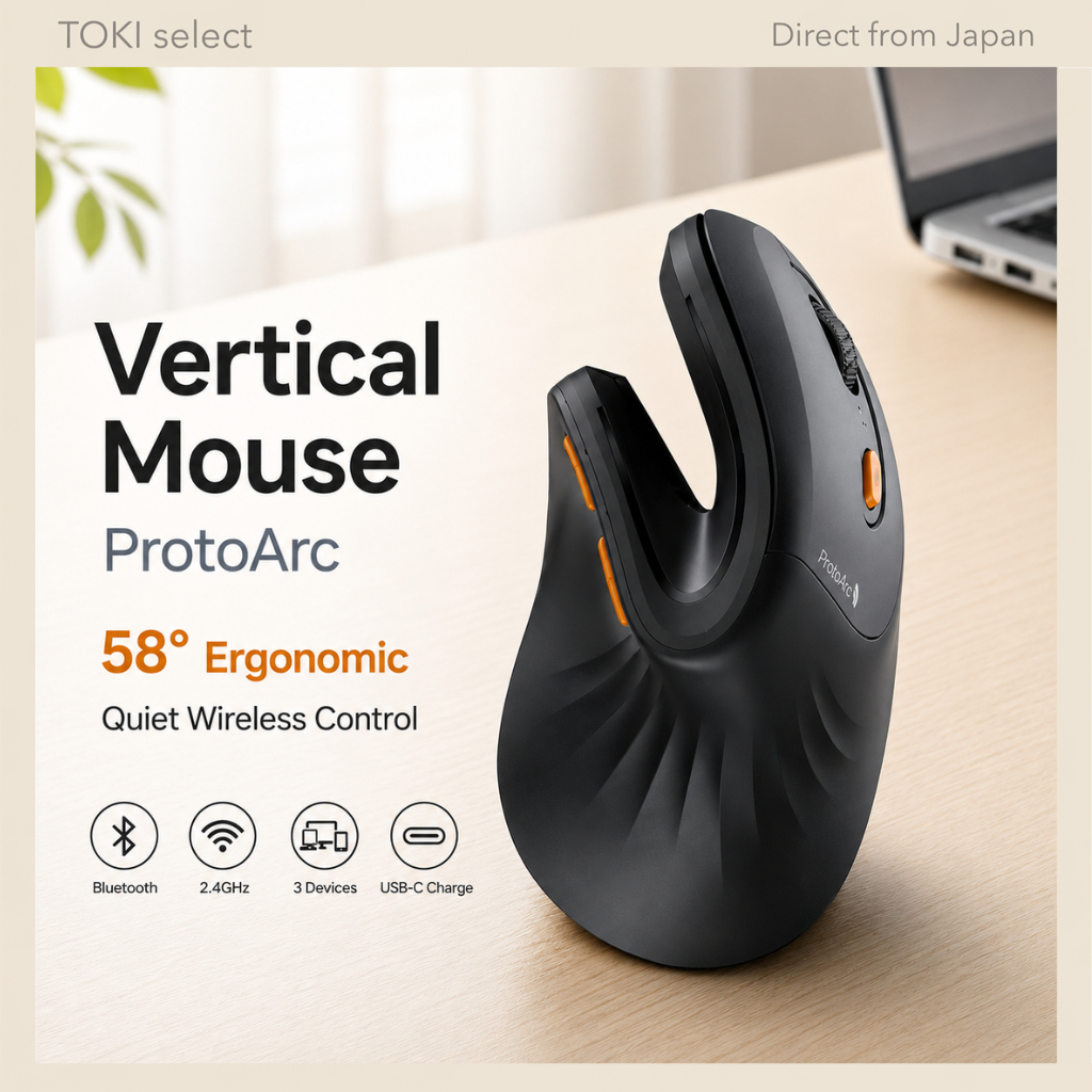 ProtoArc EM11 Wireless Vertical Ergonomic Mouse 58 Degree Silent Bluetooth 2.4GHz 3 Devices Type-C