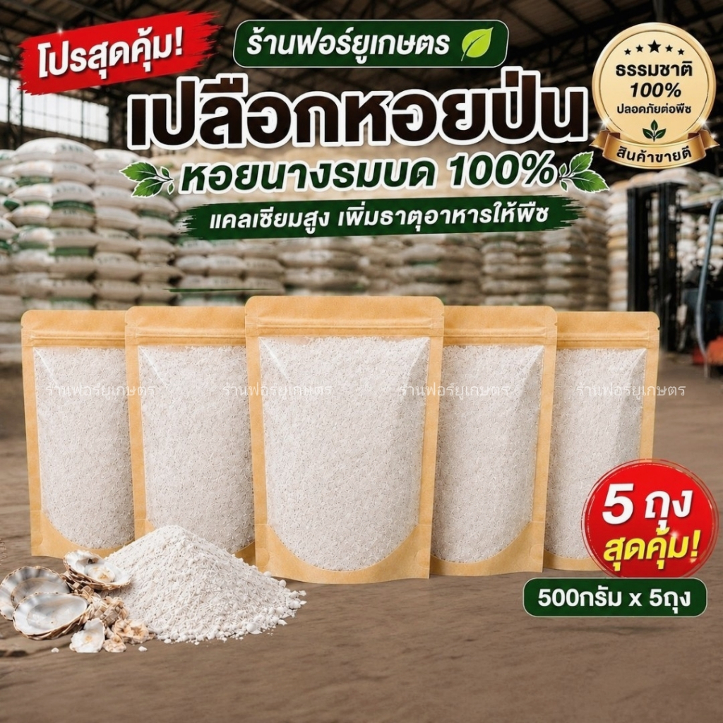 เปลือกหอยป่น หอยนางรมบด 500กรัม x 5ถุง แคลเซียมธรรมชาติ ปรับสภาพดิน ลดกรดในดิน บำรุงกุหลาบ พืชผัก