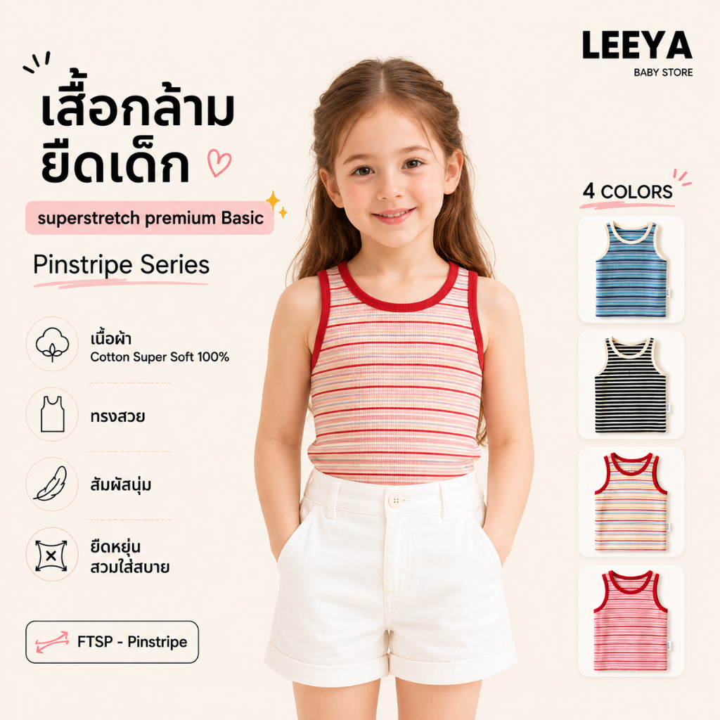 Leeya เสื้อกล้าม ยืดเด็ก SUPERSTRETCH premium BASIC เนื้อผ้า Cotton Super Soft 100% ทรงสวย สัมผัสนุ่ม FTSP Pinstripe