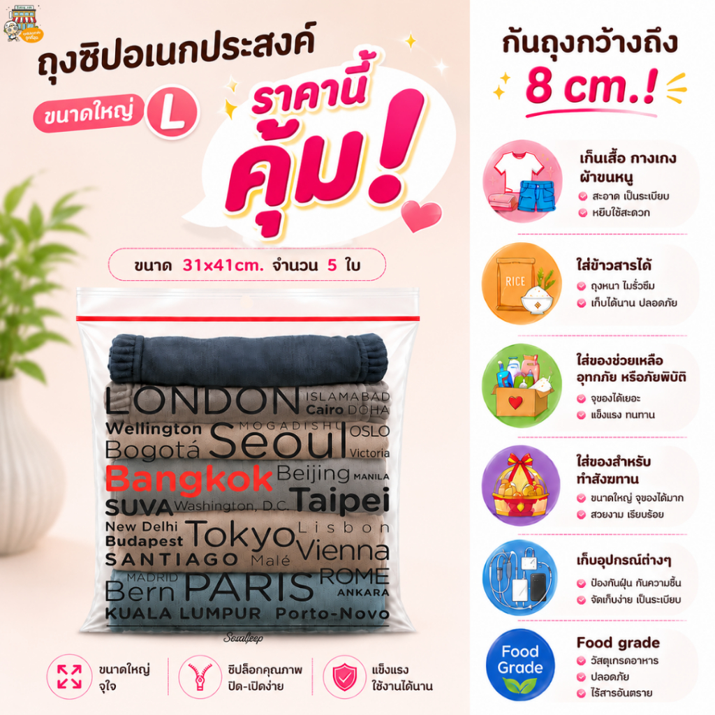 ถุงซิปล็อก SealZip ขนาด L ใส่เสื้อผ้า–ผ้าห่ม–ข้าวสาร ขนาดใหญ่มาก 1 แพ็คมี 5 ใบ คุ้มค่าใช้ง่าย