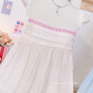 🌸OVP🌸 เสื้อสายเดี่ยวดอกไม้ ผ้าโรซี่(ผ้าบาง) ต่อลูกไม้2แถว เสื้อเที่ยวทะเล