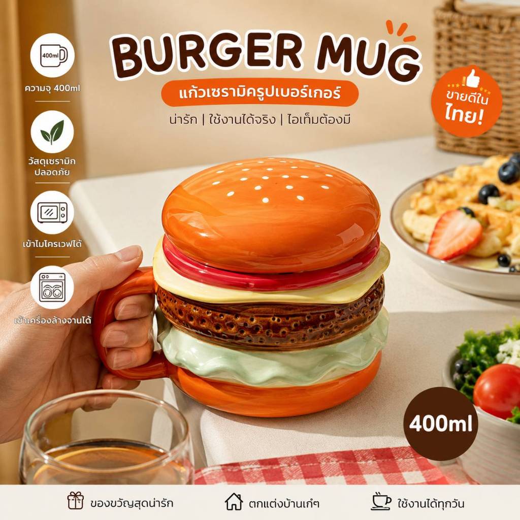 แก้วแฮมเบอร์เกอร์น่ารัก พร้อมฝาปิดกันฝุ่น 400ml เซรามิกหนา ของขวัญวันเกิด