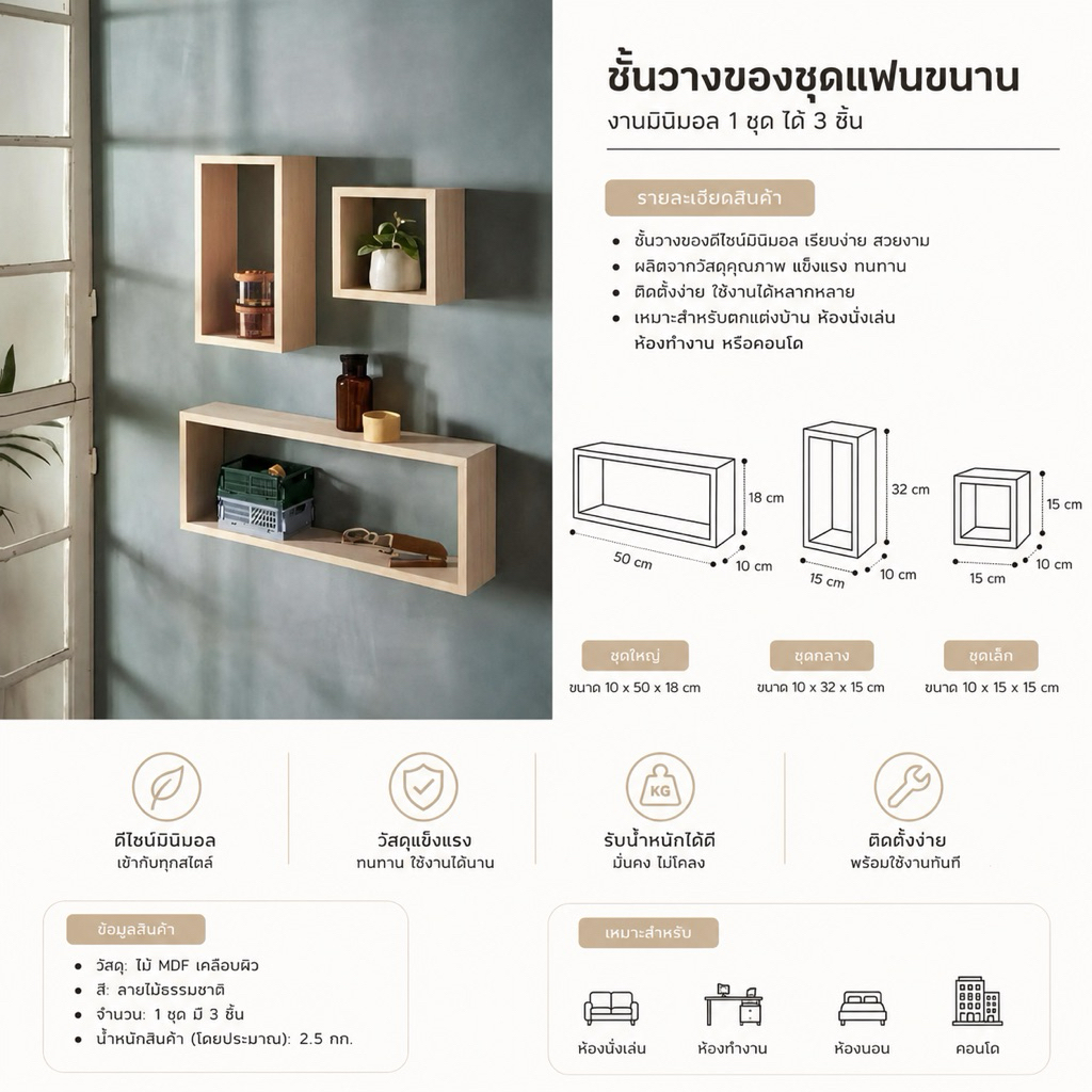 ชั้นวางของชุดแขวนผนัง1 ชุดได้ 3 ชิ้นตามรูป