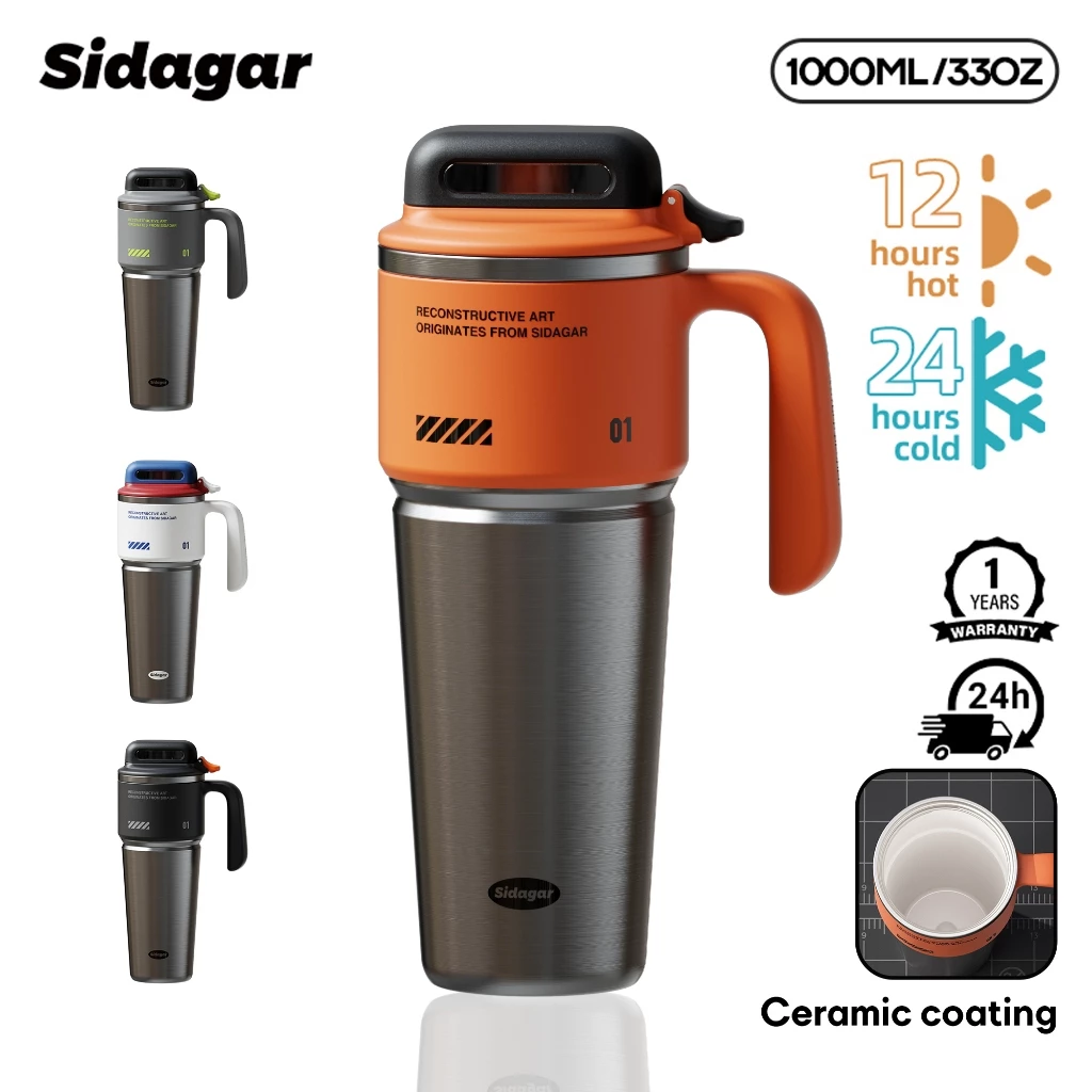 Sidagar แก้วเก็บความเย็น 1000ML ความจุขนาดใหญ่ เคลือบเซรามิค 316 สแตนเลส แก้วน้ํา นอกบ้าน ถ้วยน้ํากลางแจ้ง