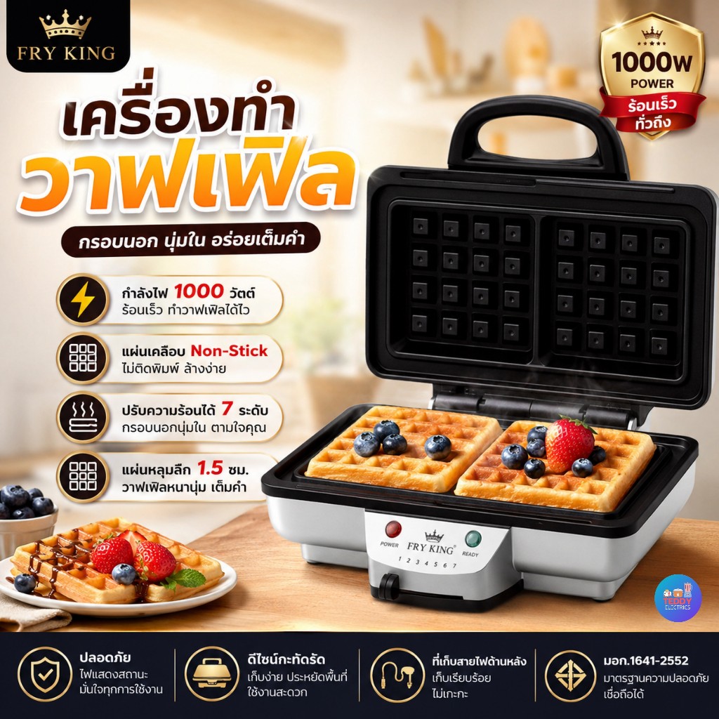 FRY KING เครื่องทำวาฟเฟิลสี่เหลี่ยม รุ่น FR-C23 1000W แผ่น Non-Stick ปรับความร้อนได้ 7 ระดับ ทำความสะอาดง่าย