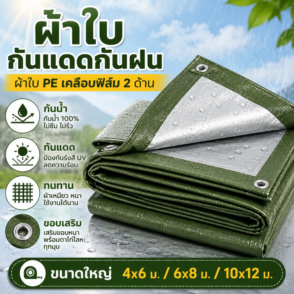ผ้าใบกันแดดกันฝน ผ้าใบ PE เคลือบฟิล์ม 2 ด้าน ขนาดใหญ่ 4x6 / 6x8 / 10x12 ม. กันน้ำ กันแดด ทนทาน