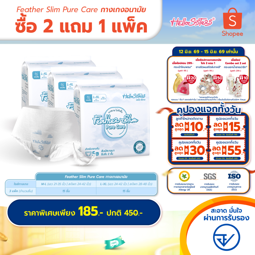 [เลือกไซส์เลย] ซื้อ 2 แถม 1 Feather Slim Pure Care HelloSisters เฮลโล ซิสเทอะ ผ้าอนามัยแบบกางเกง M-L / L-XL จำนวน 15 ชิ้