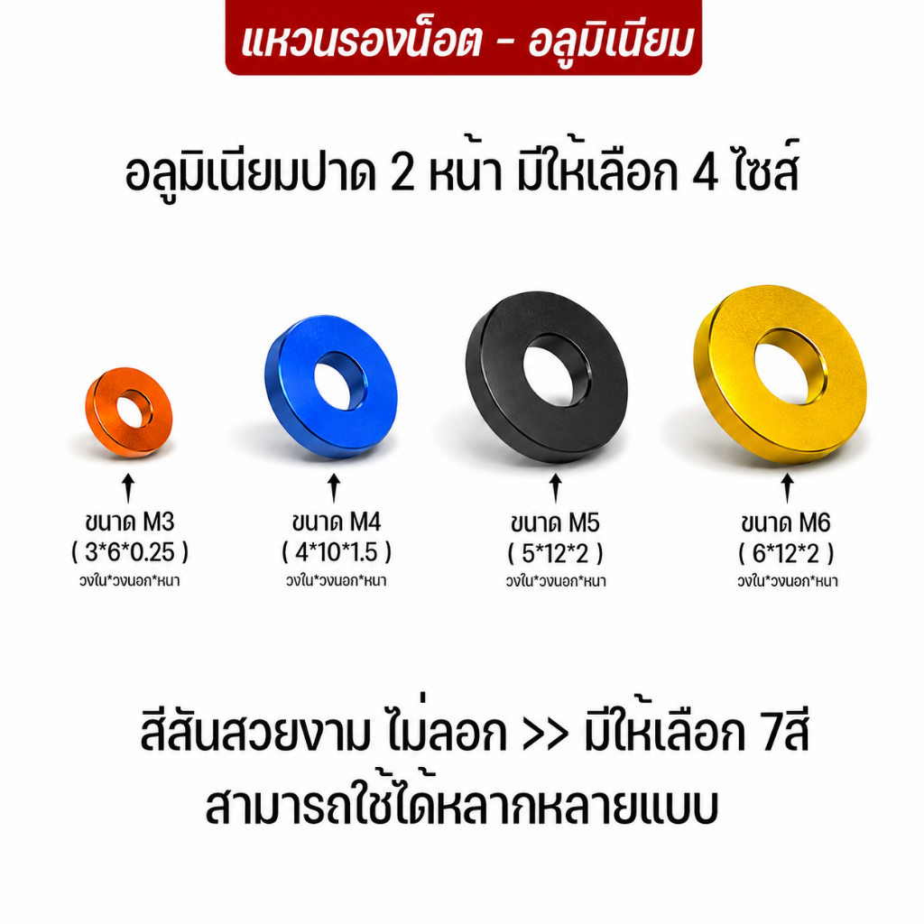 FAKIE แหวนรองน็อต M3 M4 M5 M6 แหวนมิเนียม ปาด 2หน้า แหวนรอง ใช้งานได้หลากหลาย ( ราคาต่อ 5ชิ้น )