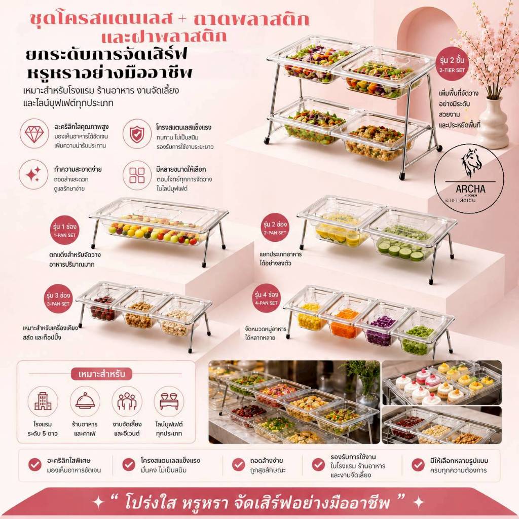 Archa kitchen ชุดถาดพลาสติกใส่ท็อปปิ้ง/อาหาร/ผลไม้ได้ มีหลายแบบให้เลือก พลาสติกเกรดหนาFood grade แข็งแรง ทนทาน ดีไซน์สวย