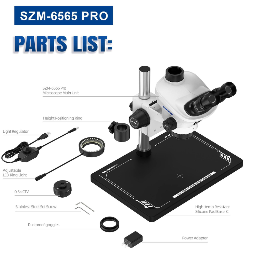 SOPTOP SZM-6565Pro กล้องจุลทรรศน์สามตา ซูมต่อเนื่อง 6.5X-65X สำหรับงานซ่อมบอร์ดมือถือและอิเล็กทรอนิก