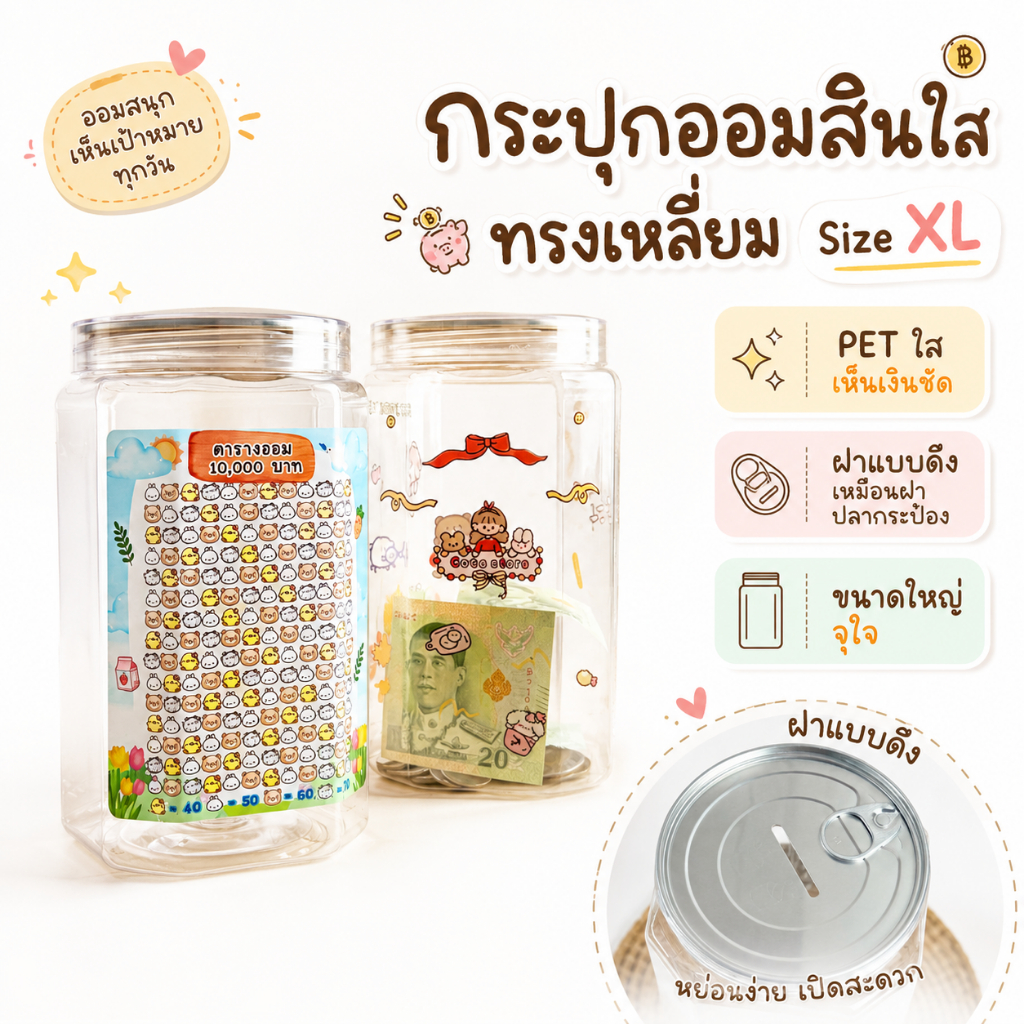 กระปุกออมสินใส ทรงเหลี่ยม Size XL ฝาเปิดแบบปลากระป๋อง พลาสติกหนา เห็นเงินชัด เก็บเงินได้เยอะ