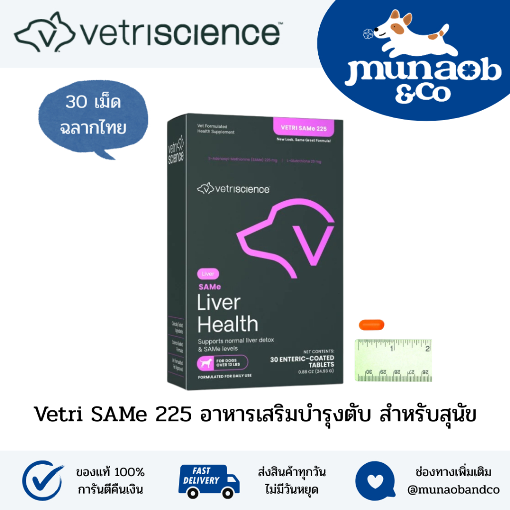 (ฉลากไทย มีเลขทะเบียนอาหารสัตว์) Vetri SAMe 225 อาหารเสริมบำรุงตับ สำหรับสุนัข