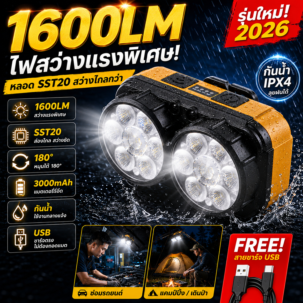 Joy ไฟฉาย LED แรงสูง ส่องไกลพิเศษ ชาร์จ USB ได้ แบตเตอรี่ความจุสูง กันน้ำ เหมาะสำหรับเดินป่า ตกปลา และแคมป์ปิ้ง