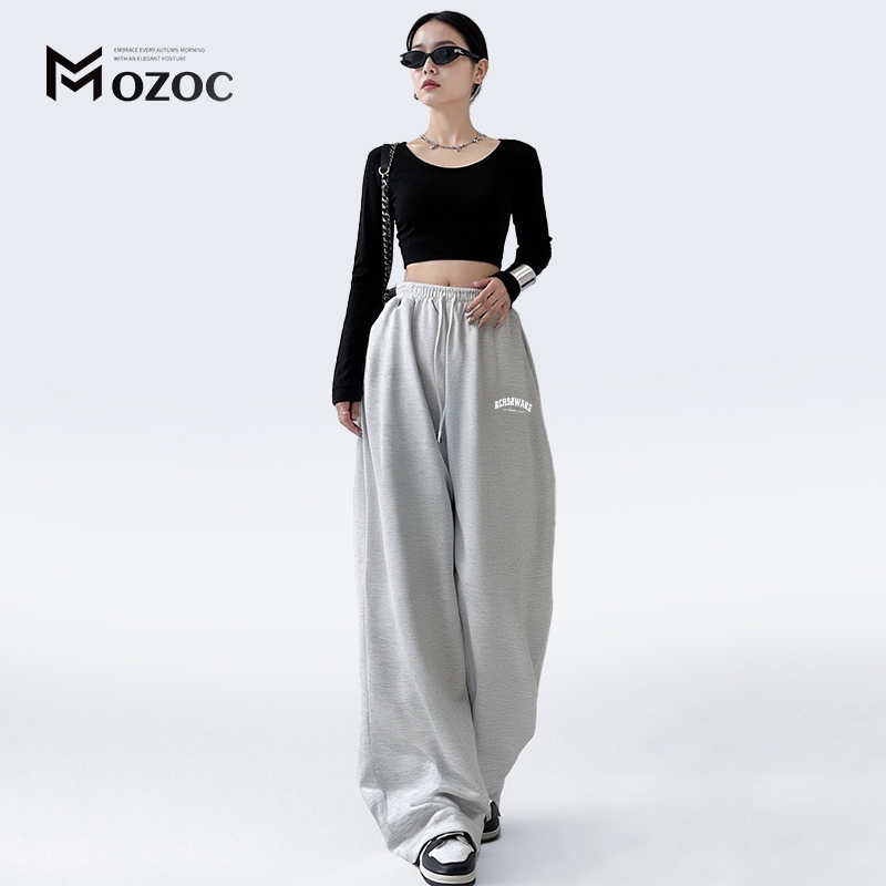 MOZOC จัดส่งจากประเทศไทย ผู้หญิงสูงขึ้นกว้างขากีฬาหลวมพอดีเอวบางร่างกายกางเกงขาเดียวกัน
