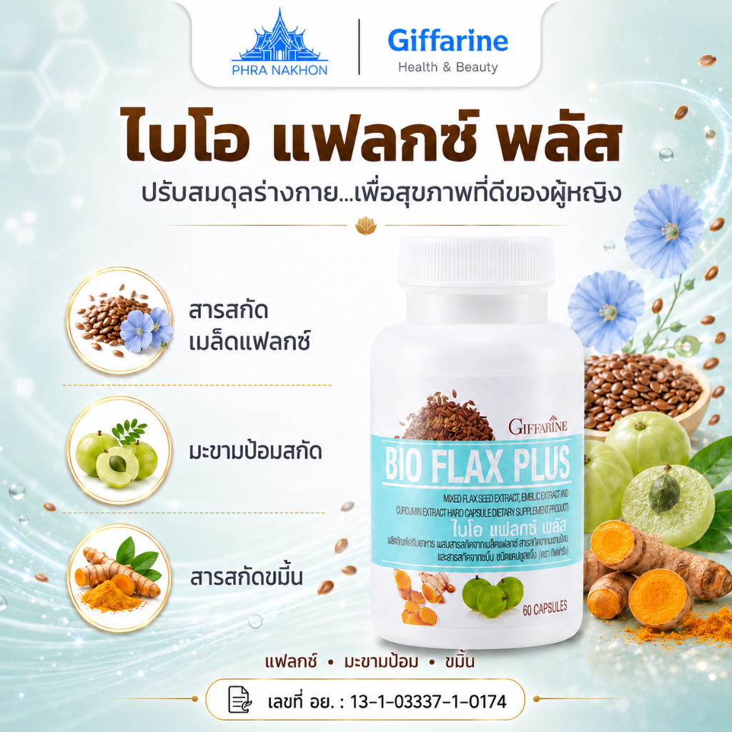 กิฟฟารีน ไบโอ แฟลกซ์ พลัส Bio Flax Plus เมล็ดแฟลกซ์ ดูแลสุขภาพผู้หญิง 60 แคปซูล