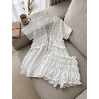 🏖️Sandy Day ชุดเซ็ต 2 ชิ้น เสื้อแขนสั้นผูกหน้า+กางเกงขาสั้นบอลลูน