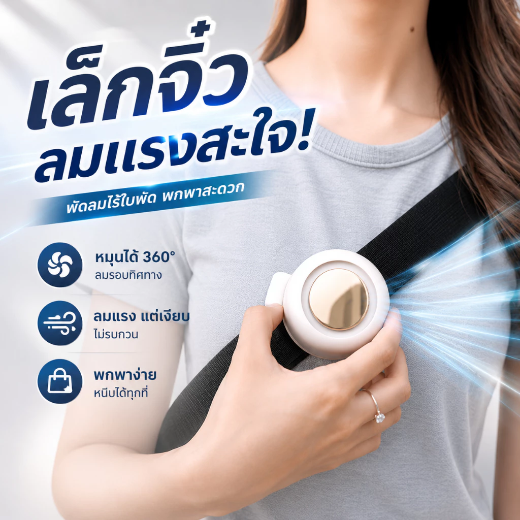 พัดลมไร้ใบพัด พัดลมหนีบ พัดลมพกพา Mini Fan ใช้หนีบหรือแขวนเอว ลมแรง หมุนได้360° USB-C 3ระดับ ชาร์จได้ เสียงเบา