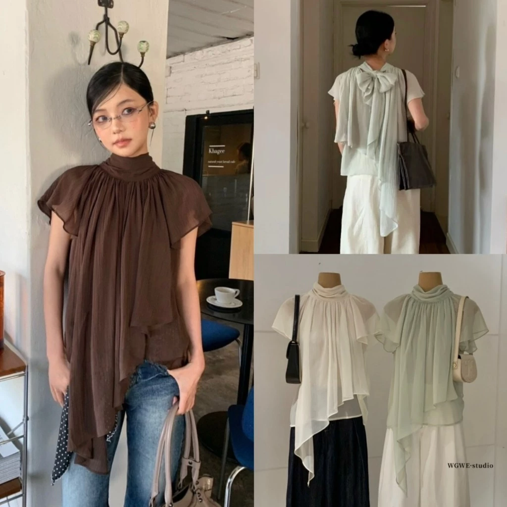 (พร้อมส่ง เขียว น้ำตาล) Bowie Top เสื้อชีฟองมีเชือกผูกโบว์ด้านหลัง - 9855 TAG WG.WE 🇰🇷