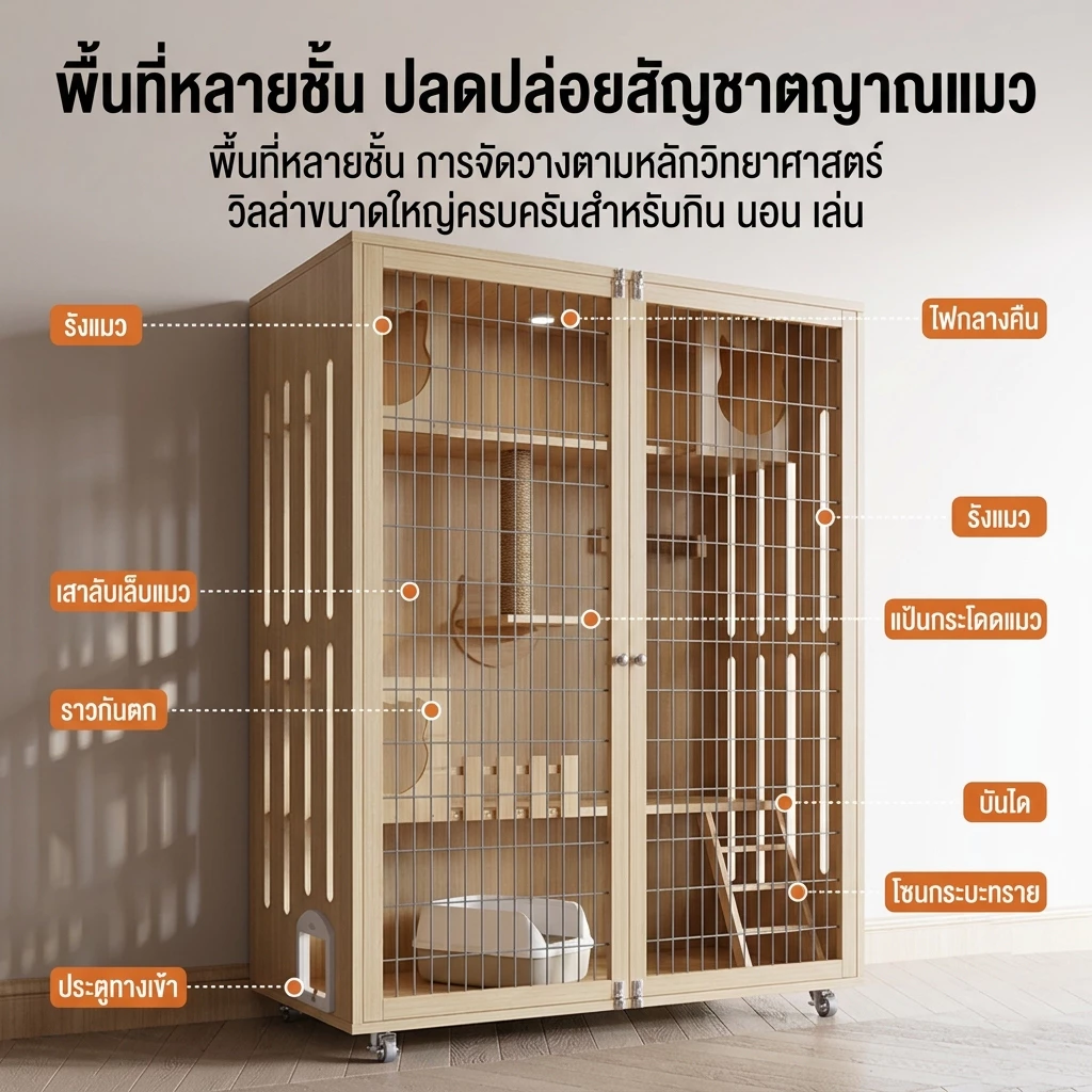 😺 สินค้าอยู่ในไทย พร้อมส่ง 🐱 กรงแมว กรงขังแมว มีแสงสว่าง Pet Cage วิลล่าแมวไม้ กรงเเมวอพาร์ทเมนต์แมวไม้เนื้อแข็ง บ้านแมว thumbnail 4