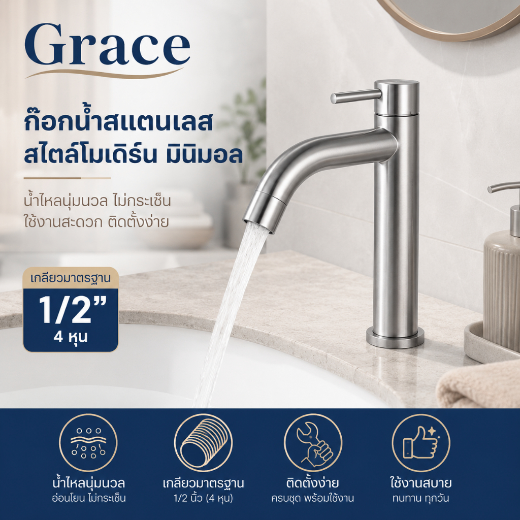 Graceก็อกน้ำล้างหน้า หัวโค้ง สแตนเลส 304 แข็งแรง ทนทาน ไม่เป็นสนิม