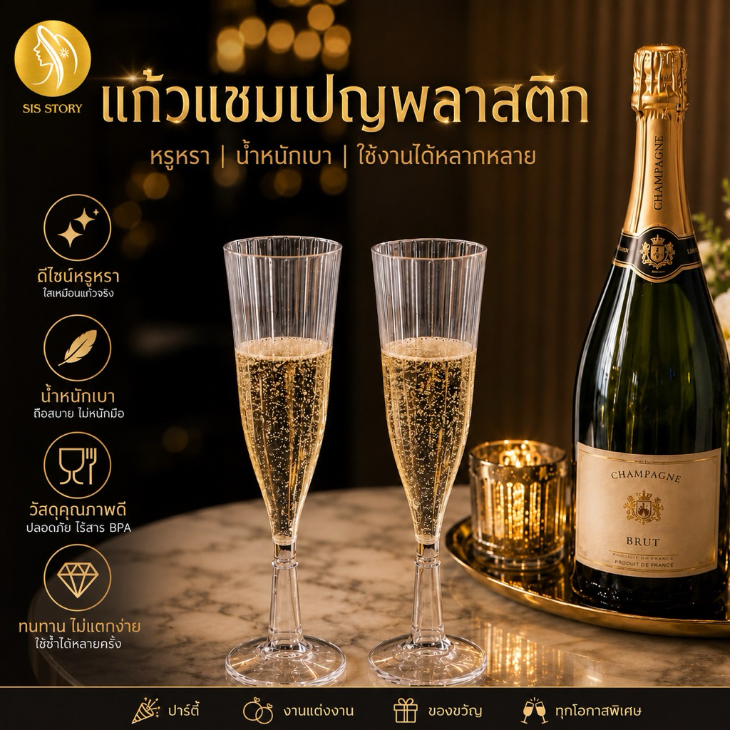 แก้วแชมเปญพลาสติกใส 5 ออนซ์ ทรงหรู ถอดประกอบได้ น้ำหนักเบา พกพาสะดวก สำหรับปาร์ตี้ งานแต่ง และงานเลี้ยง