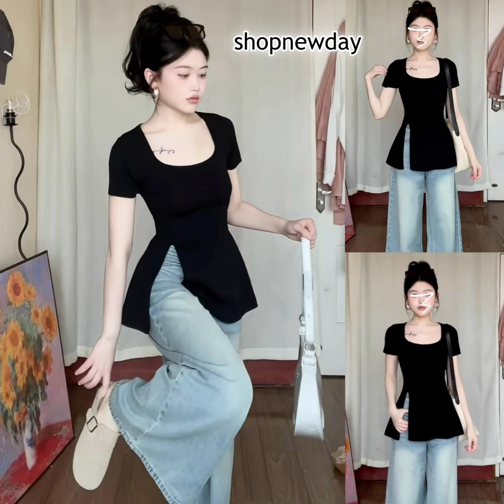 เสื้อแฟชั่น ผ้าเปลือกไม้ ทรงยาว เข้ารูป เสื้อคอกลมแขนสั้น ดีเทลผ่าข้าง สาวอวบใส่ได้ ใส่ทำงาน  ใส่แมท ใส่ออกงาน  สายคาเฟ่