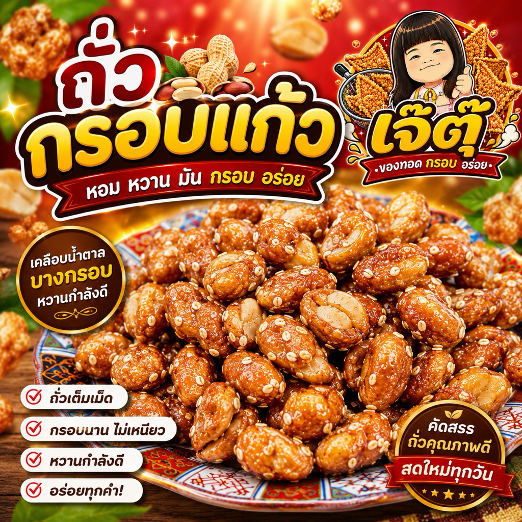 สดใหม่ทุกวัน เจ๊ตุ๊ ถั่วกรอบแก้ว ถั่วกรอบแก้วเคลือบงา ถั่วลิสงเคลือบน้ำตาลและงา เม็ดใหญ่ อร่อย สด ใหม่ 250กรัม 500กรัม