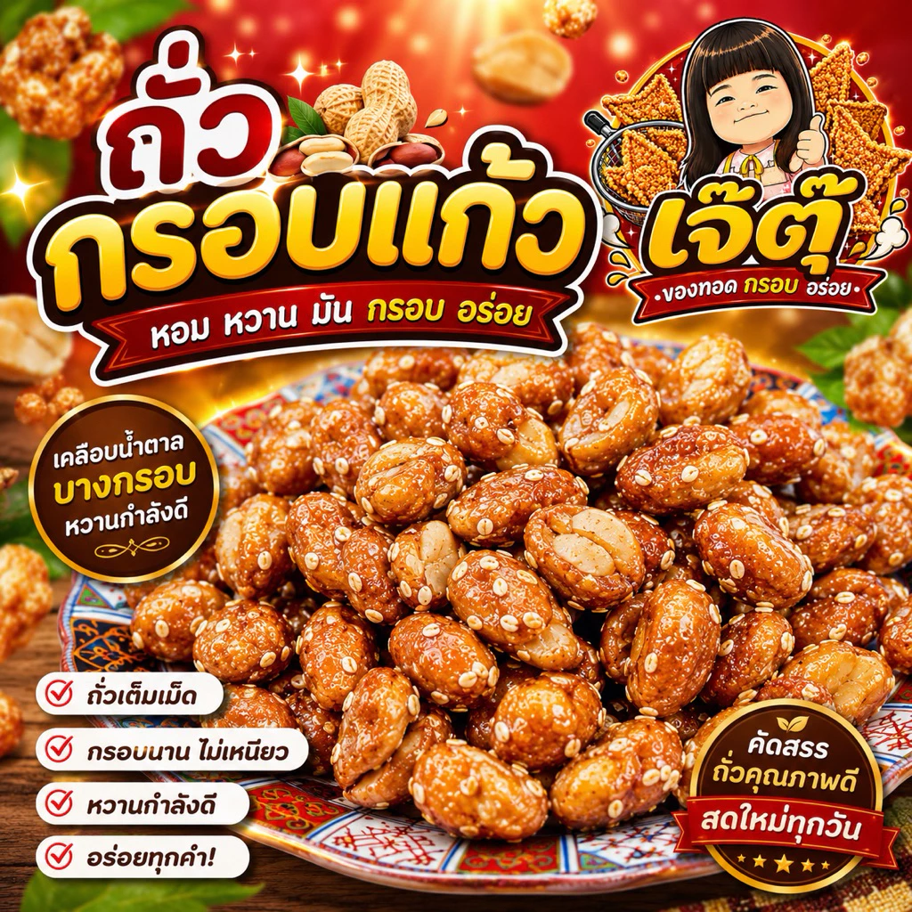 สดใหม่ทุกวัน เจ๊ตุ๊ ถั่วกรอบแก้ว ถั่วกรอบแก้วเคลือบงา ถั่วลิสงเคลือบน้ำตาลและงา เม็ดใหญ่ อร่อย สด ใหม่ 250กรัม 500กรัม