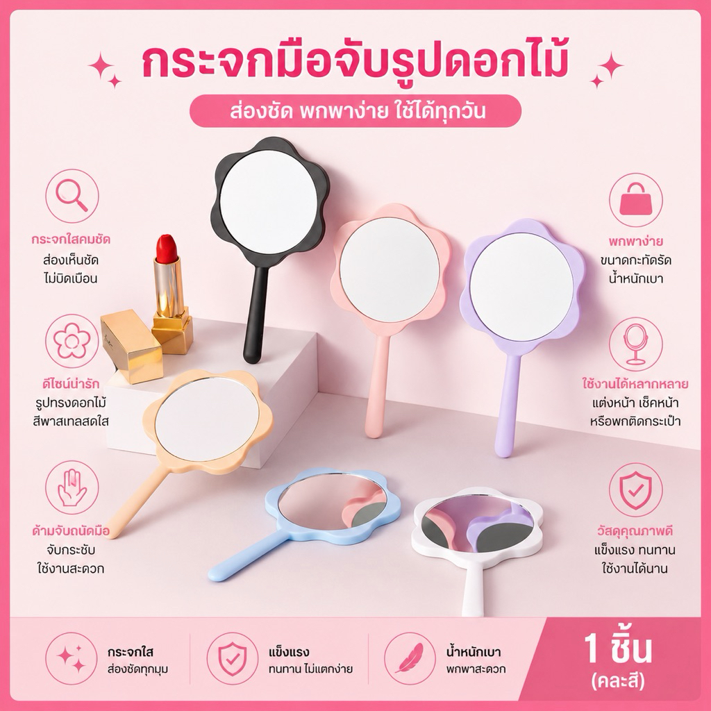 กระจกแต่งหน้า ลายดอกไม้ แบบพกพา ขนาดเล็ก diy 6 สีให้เลือก