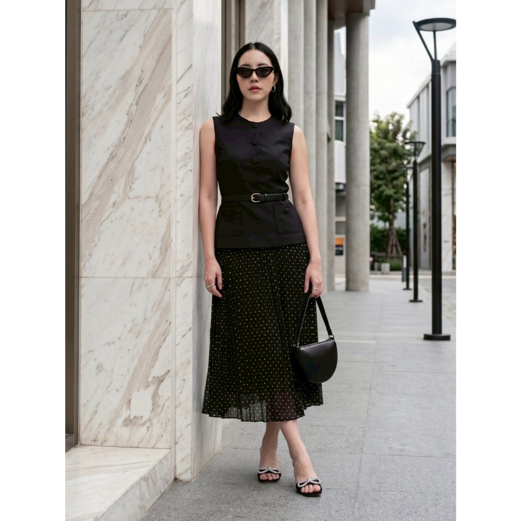 MG260-0526 เดรสออกงาน Black Taffeta / Chiffon Midi Dress