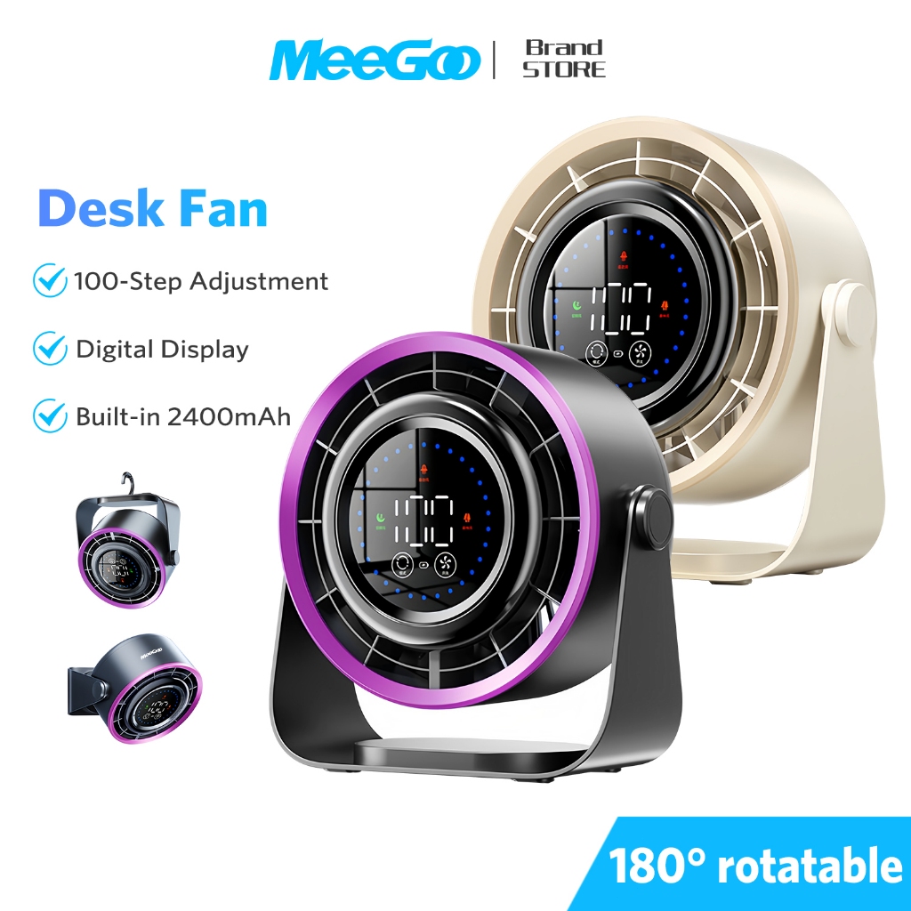 MEEGOO พัดลมตั้งโต๊ะ/ติดผนัง ไม่เจาะรู มีจอแสดงตัวเลข 100 ระดับลม กังหันลมแรง เสียงเงียบ 35dB แบตเตอรี่2400mAh