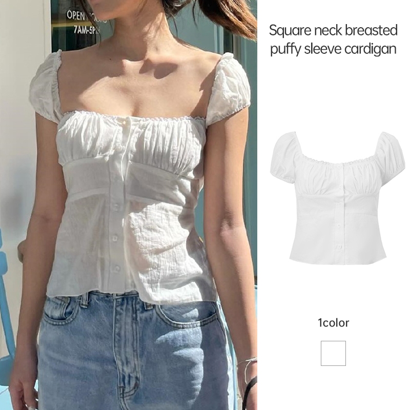 เสื้อเชิ้ตคอสี่เหลี่ยมแขนฟอง ผ้ารั้วหน้า กระชับเอวผู้หญิ-MTY