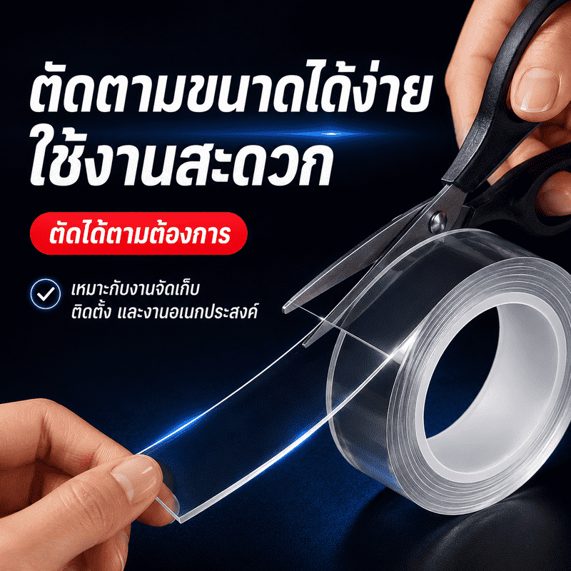เทปกาวนาโนใสสองหน้า 3ซม.x1ม. หนา 3มม. ล้างน้ำใช้ซ้ำได้ ยึดแน่น ตัดง่าย ไม่ทิ้งคราบ ติดผนัง โต๊ะ กระจก