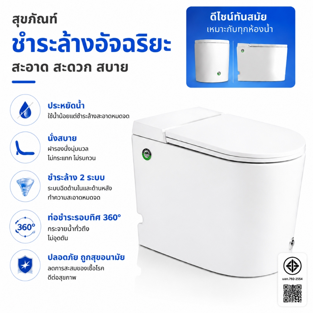 PIKA ML-062 โถสุขภัณฑ์เซรามิก 4.5L โถสุขภัณฑ์แบบไม่ใช้ถังน้ำ ระบบชำระล้างแบบใช้พลังงานสองโหมด ประหยัดน้ำ 30%