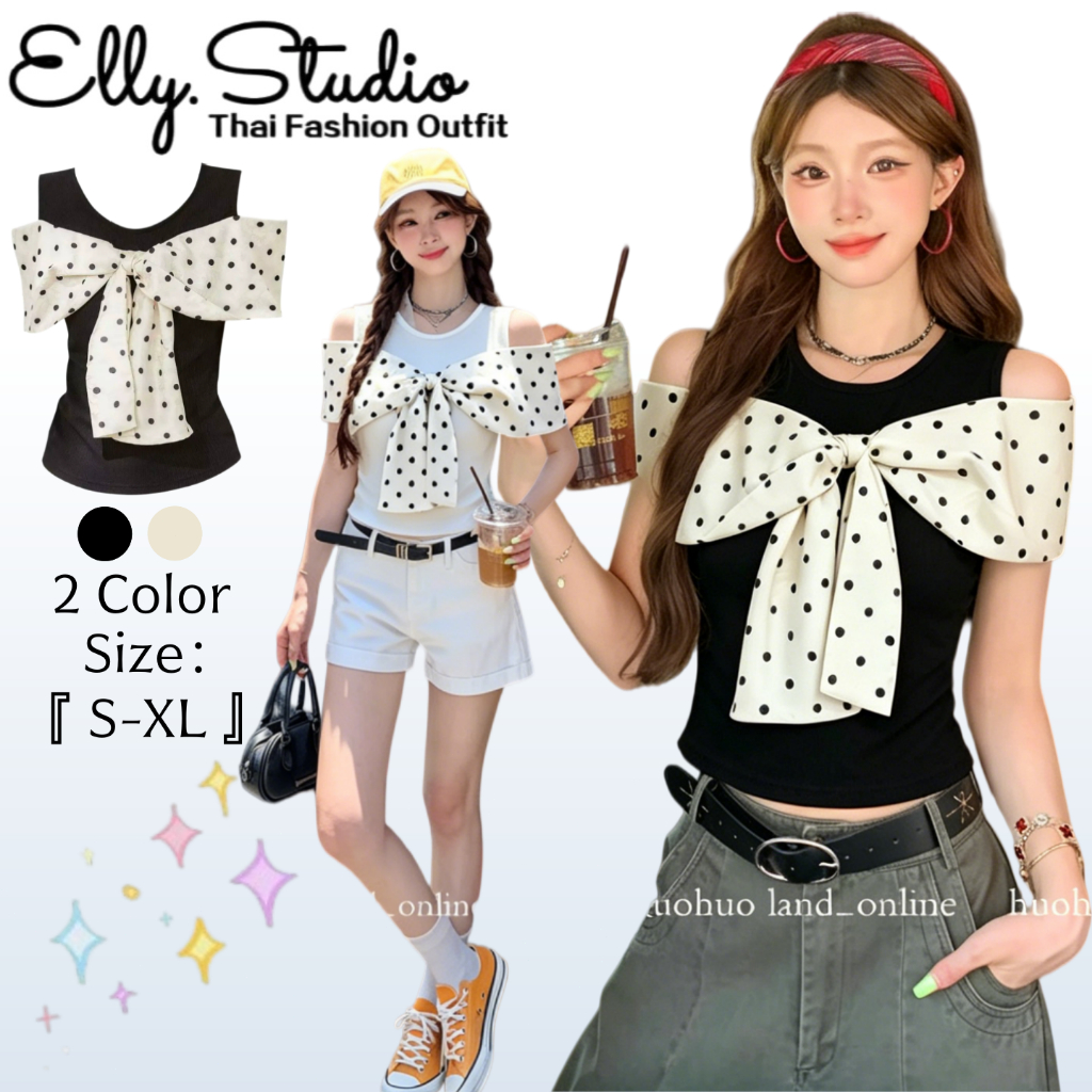 Elly พร้อมส่ง🦄เสื้อกล้ามไร้แขนสไตล์เกาหลี🦄ตกแต่งโบว์ใหญ่ลายจุดด่าง ออกแบบไหล่เปิด ทรงกระชับเอว ใส่ออกไปเที่ยวผู้หญิง