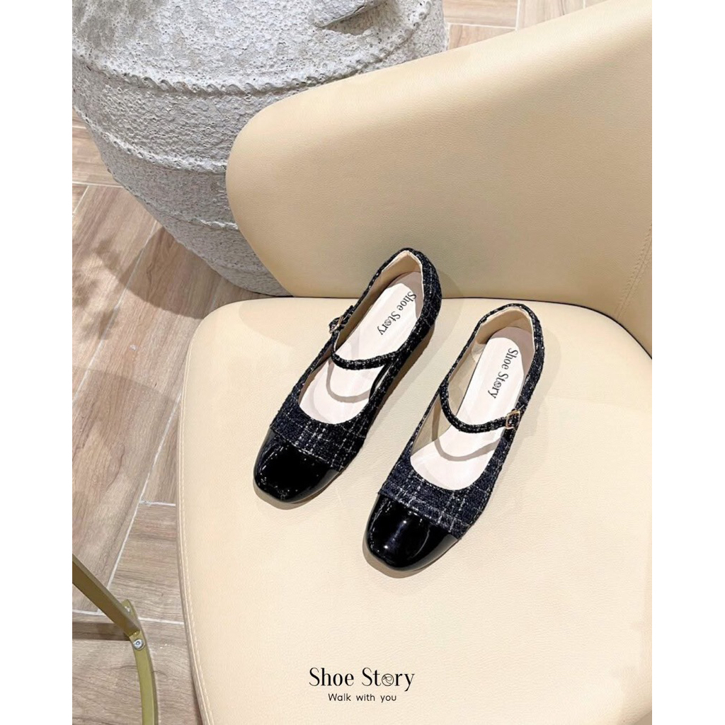 Shoe Story : รุ่น Mary Jane Tweed Mid Heels รองเท้าผู้หญิง คัชชู แมรี่เจน ผ้าทวีด ส้นบล๊อก สีสุภาพ