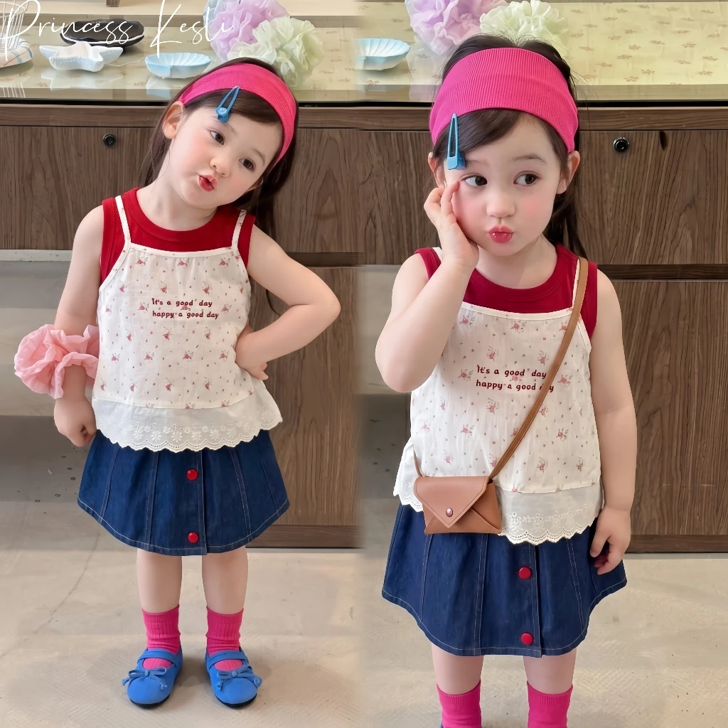 PRINCESS KESLI ชุดสูทเด็กผู้หญิงแฟชั่น 2 ชิ้น เสื้อเด็ก+กระโปรงยีน สไตล์เกาหลี ใส่สบายระบายอากาศ ฤดูร้อน 2-12 ปี