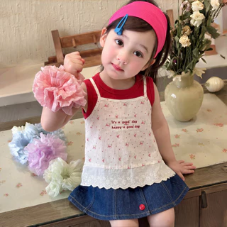 PRINCESS KESLI ชุดสูทเด็กผู้หญิงแฟชั่น 2 ชิ้น เสื้อเด็ก+กระโปรงยีน สไตล์เกาหลี ใส่สบายระบายอากาศ ฤดูร้อน 2-12 ปี
