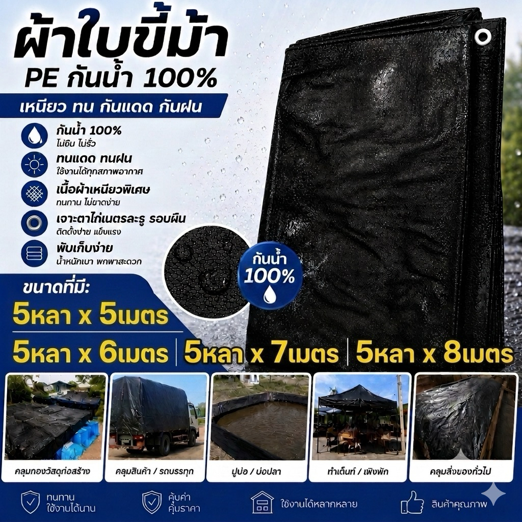 ผ้าใบซุปเปอร์ กราวชีท ฟางขี้ม้า PE ขนาด 5x5, 5x6, 5x7, 5x8 เคลือบกันน้ำสองด้าน หนาอย่างดี หลาxเมตร ตาไก่ทุกเมตร