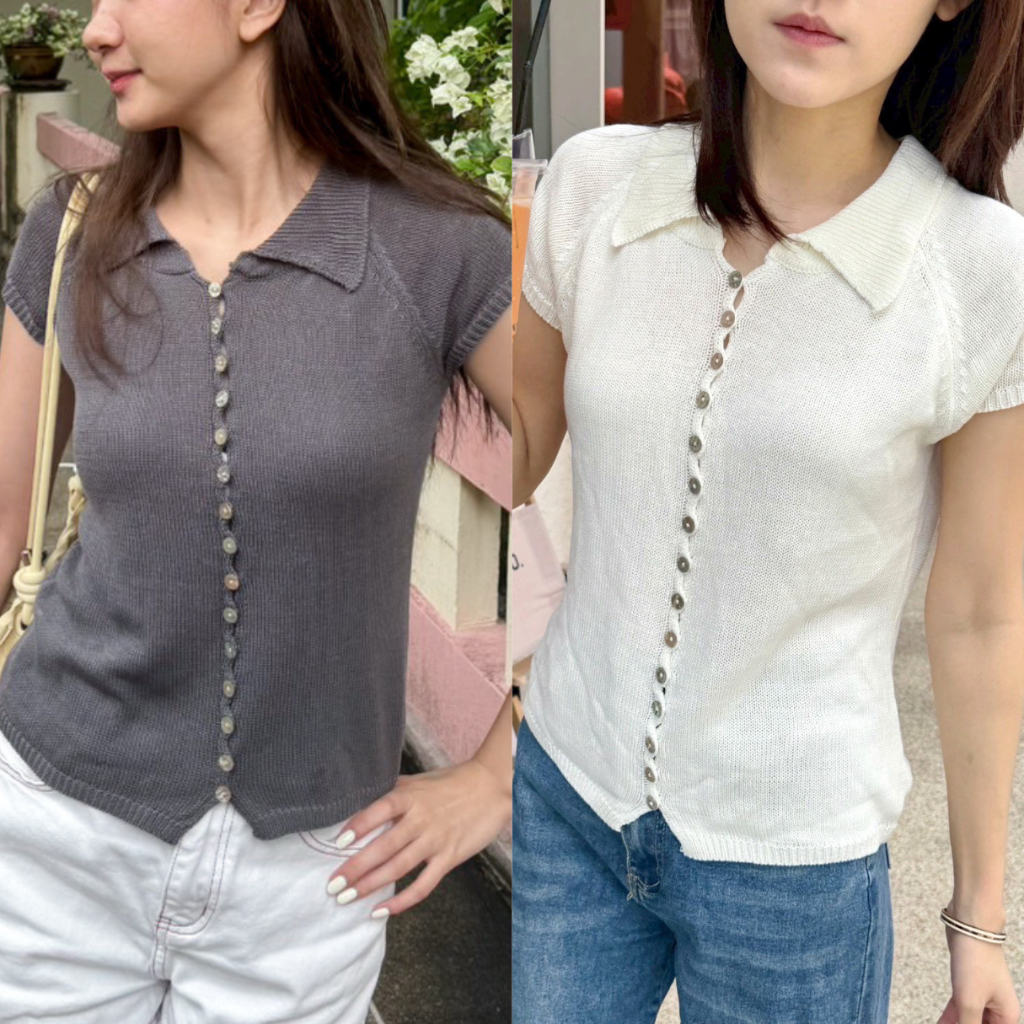BASICBABE - Sora Knit Button Top เสื้อไหมพรมคอปก กระดุมสีเปลือกหอย